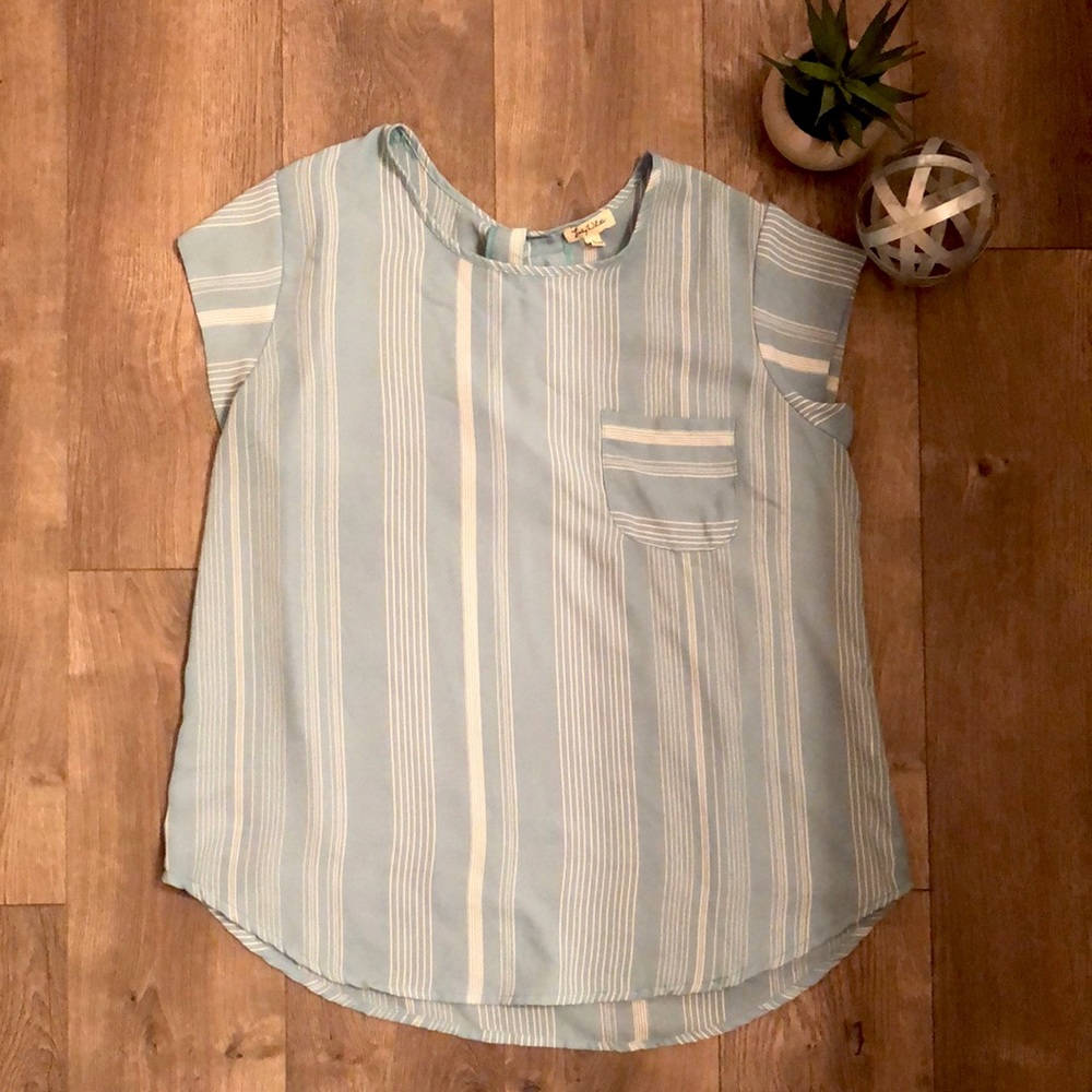 Lily White teal striped blouse with pocket.